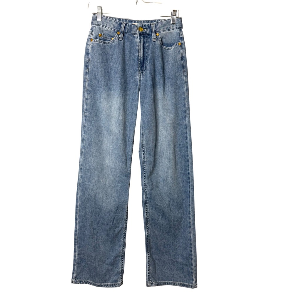 OAT New York Straight Leg Jeans Womens 0 25 Blue Cloud Luxe Denim High Rise